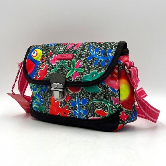 Oilily Small Shoulder Bag Crossbody Floral Print Vegan Colorful Gray Fabric - Picture 9 of 11